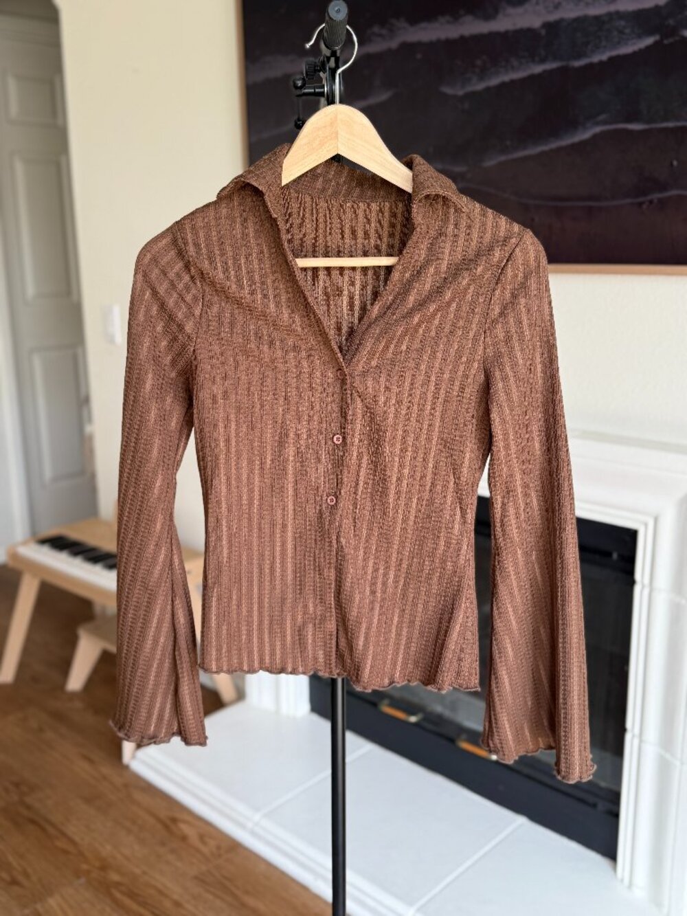 Brown Flare Bell Sleeve Button Down Shirt 90's Retro Boho